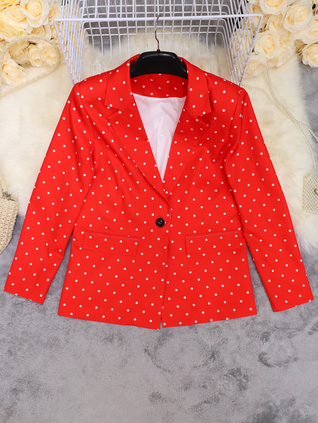 Spring Women's Fashion Chic Polka Dot Turndown Collar Long Sleeve Blazer 18