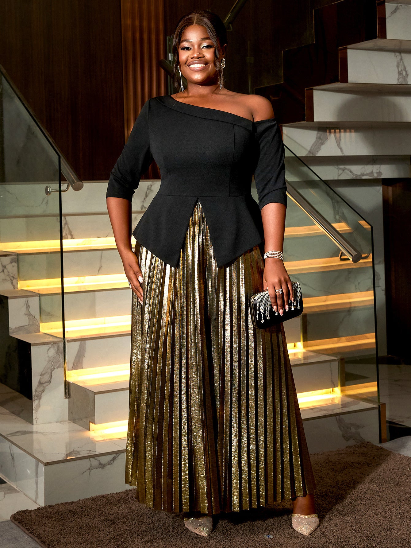 Women party sexy slit top luxury pleated skirt two-piece 5