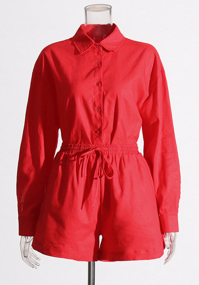 Women Turndown Collar long sleeve solid shirt Top and Casual shorts two-piece set