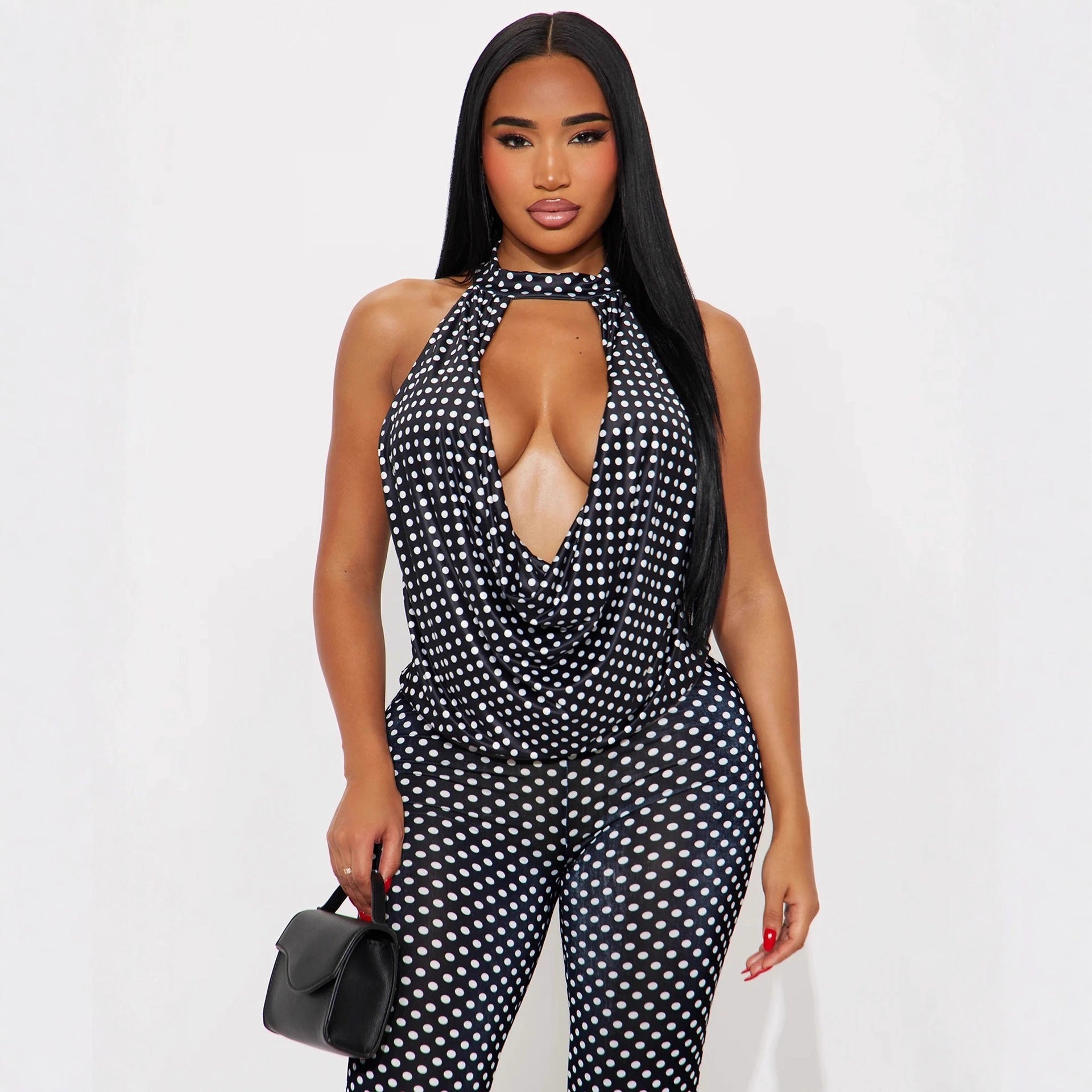 Women's Fashion Spot Print Hollow Out Strappy Top Pants Two-Piece Set 4