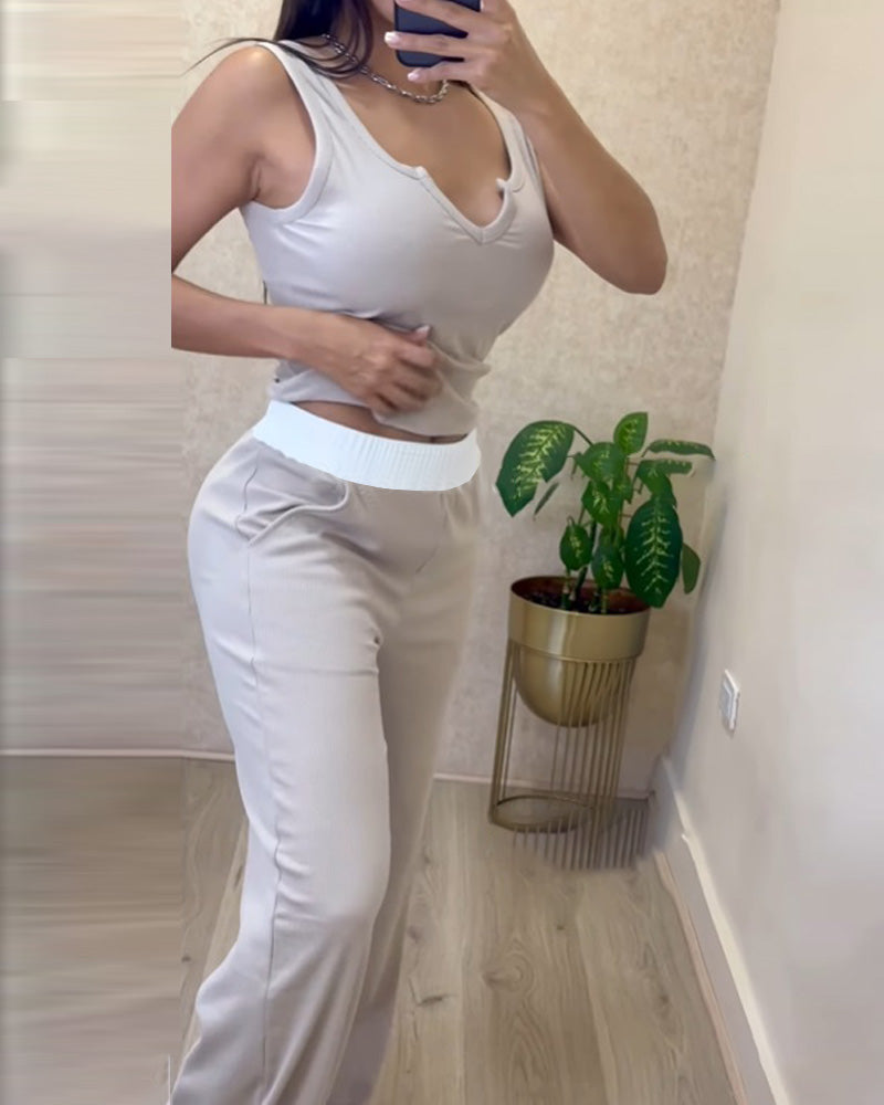 Women's Contrast Color Patchwork V-Neck Casual Sleeveless Two Piece Pants Set 3