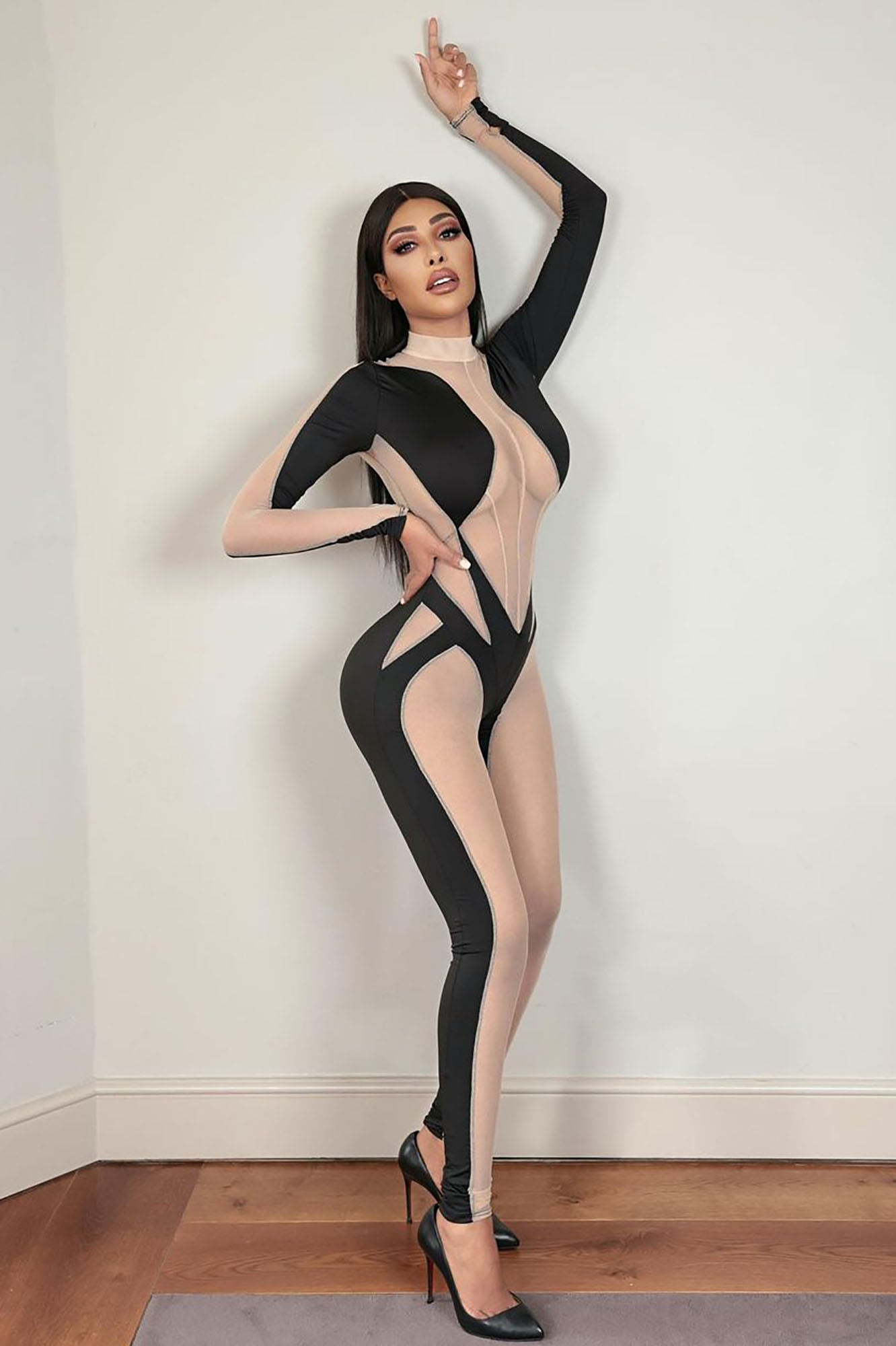 Women Sexy Long Sleeve Color Blocking Jumpsuit 6