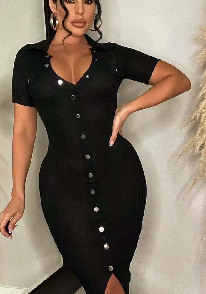 Summer Slim V-Neck Knit Dress Short Sleeve Casual Sweater Dress