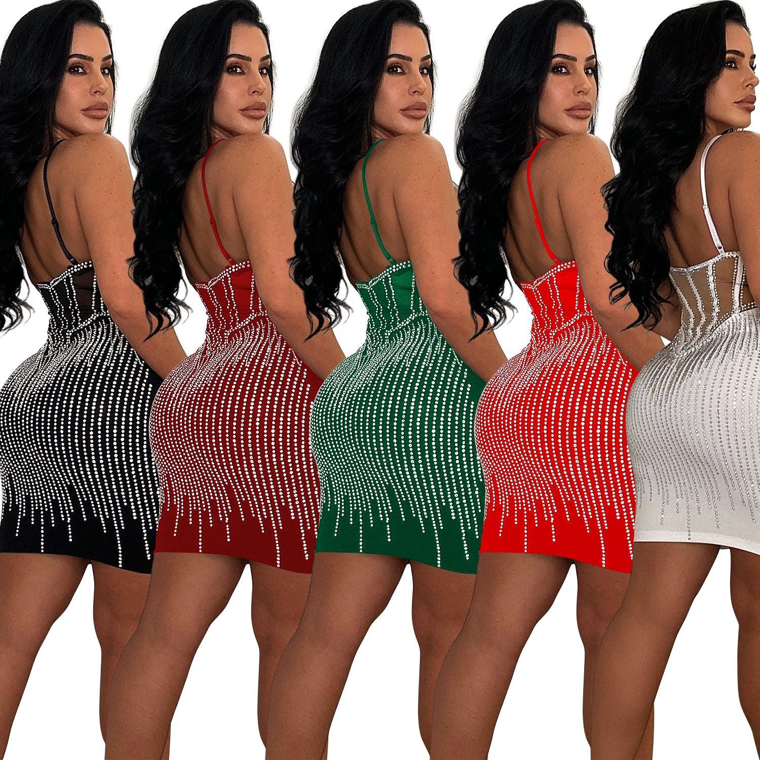 Fashionable Women's Solid Color Mesh Beaded Suspender Skirt Dress 10