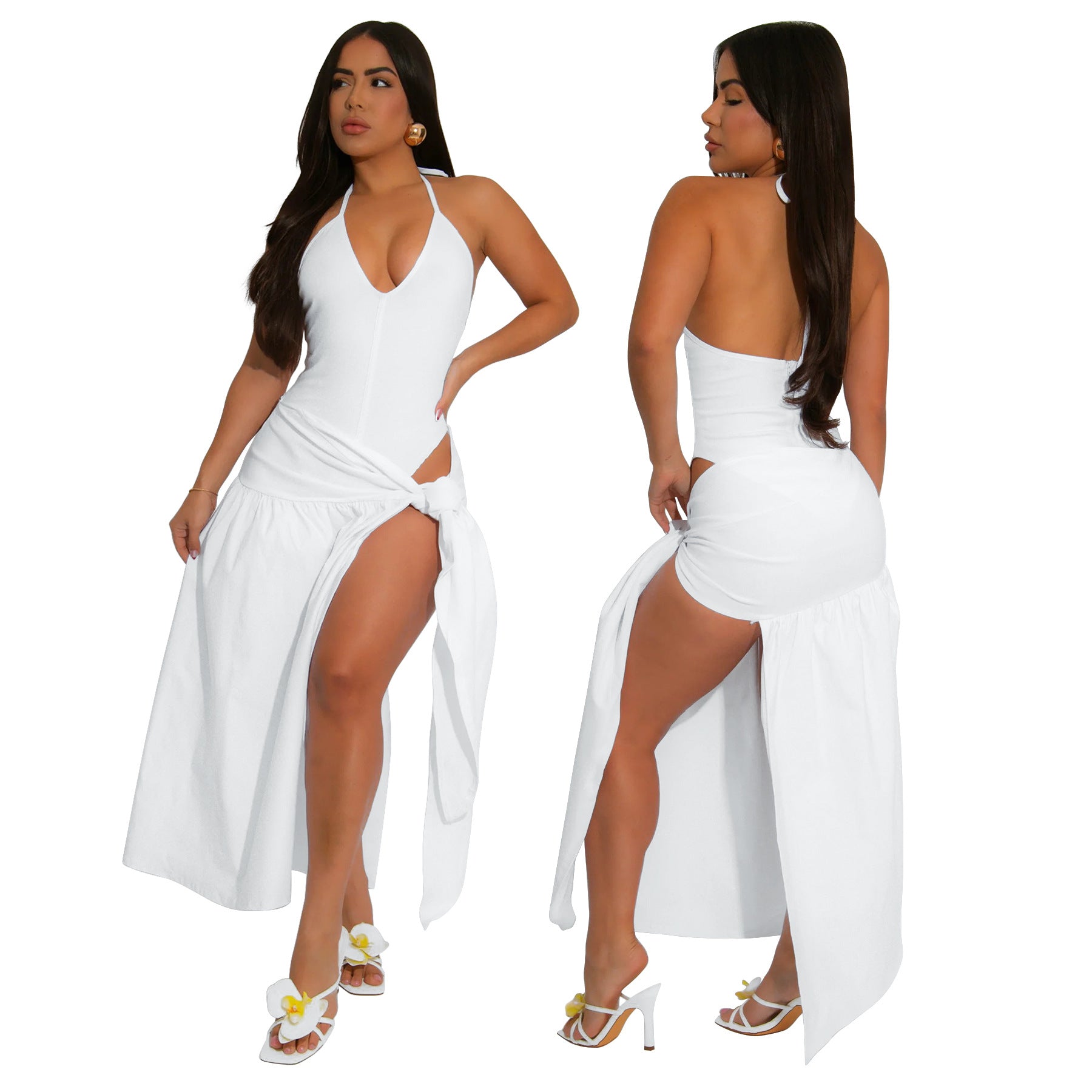 Women's Solid Color Lace-Up Sexy Slit Skirt Bodysuit Two Piece Set 3