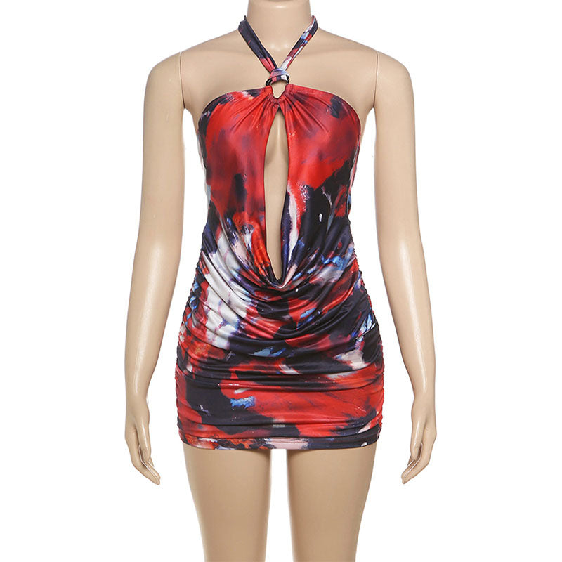 Women Spring Style Contrast Chain Sexy Cutout Halter Neck Bodycon Dress