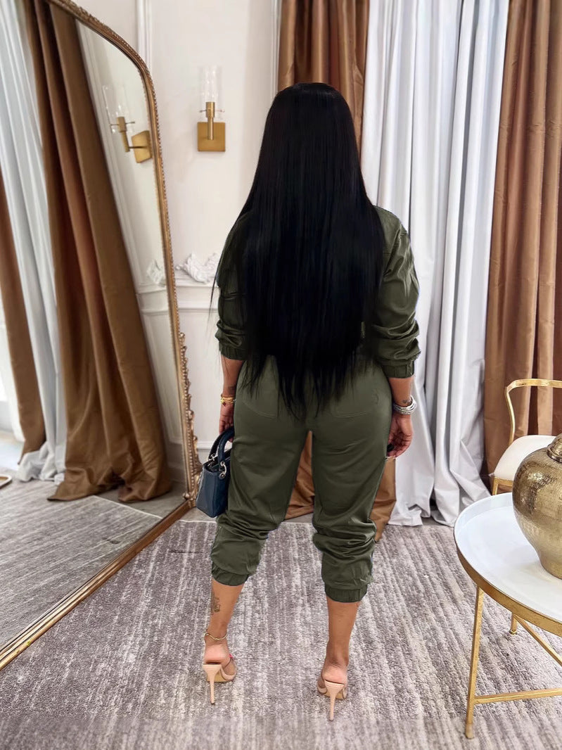 Women Turndown Collar Zipper Cargo Jumpsuit