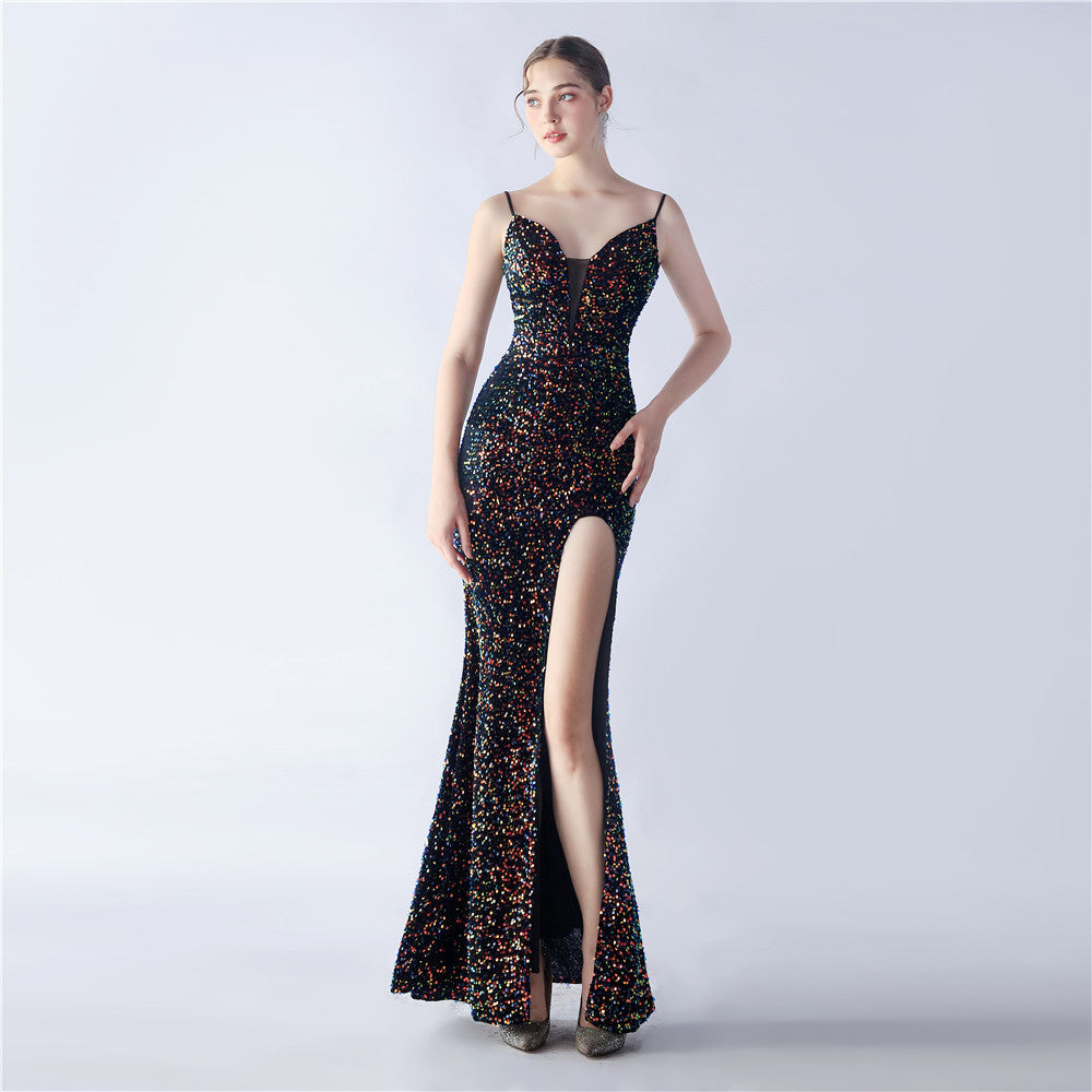 Sexy Sequined Side Slit Straps Long Evening Dress 12