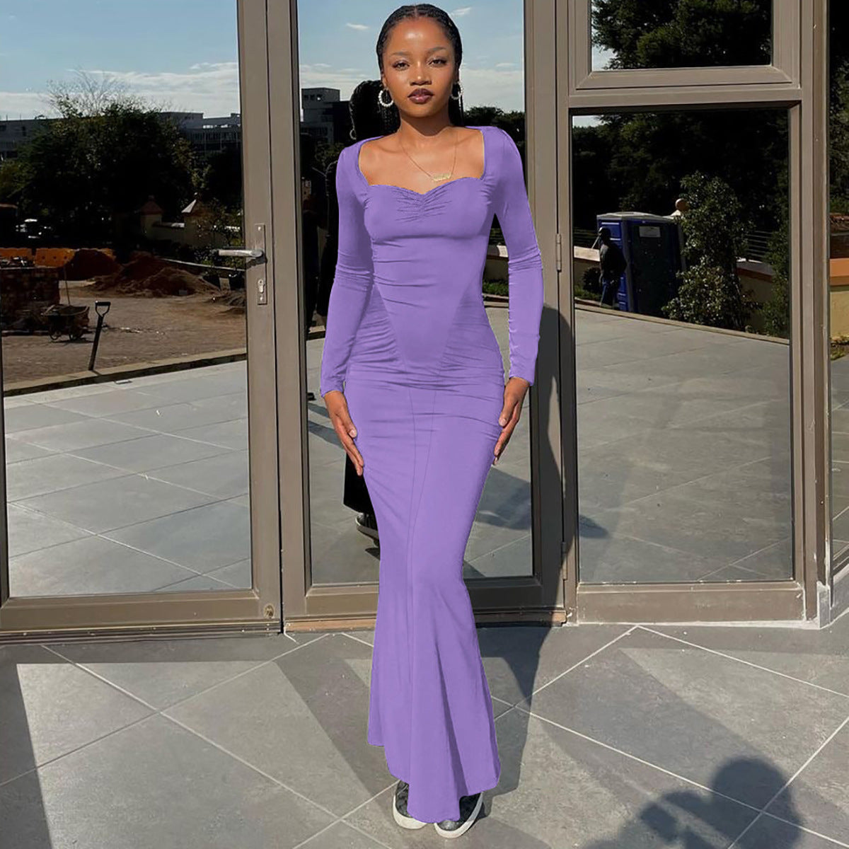 Women's Autumn Fashion Sexy Square Neck Long Sleeve Slim Long Dress