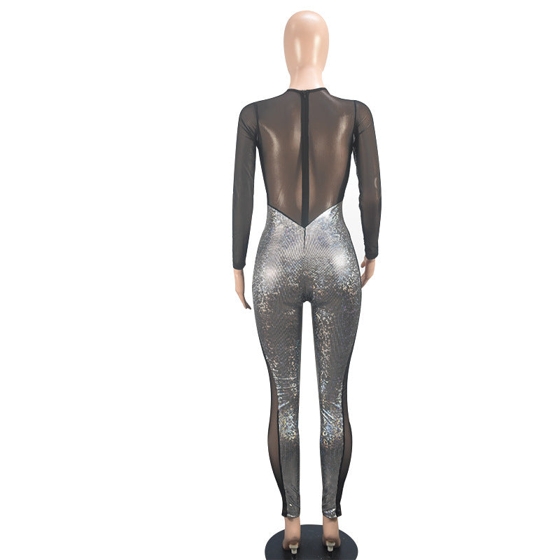 Women's Sexy See-Through Slim Sequined Mesh Long Sleeve Jumpsuit 12