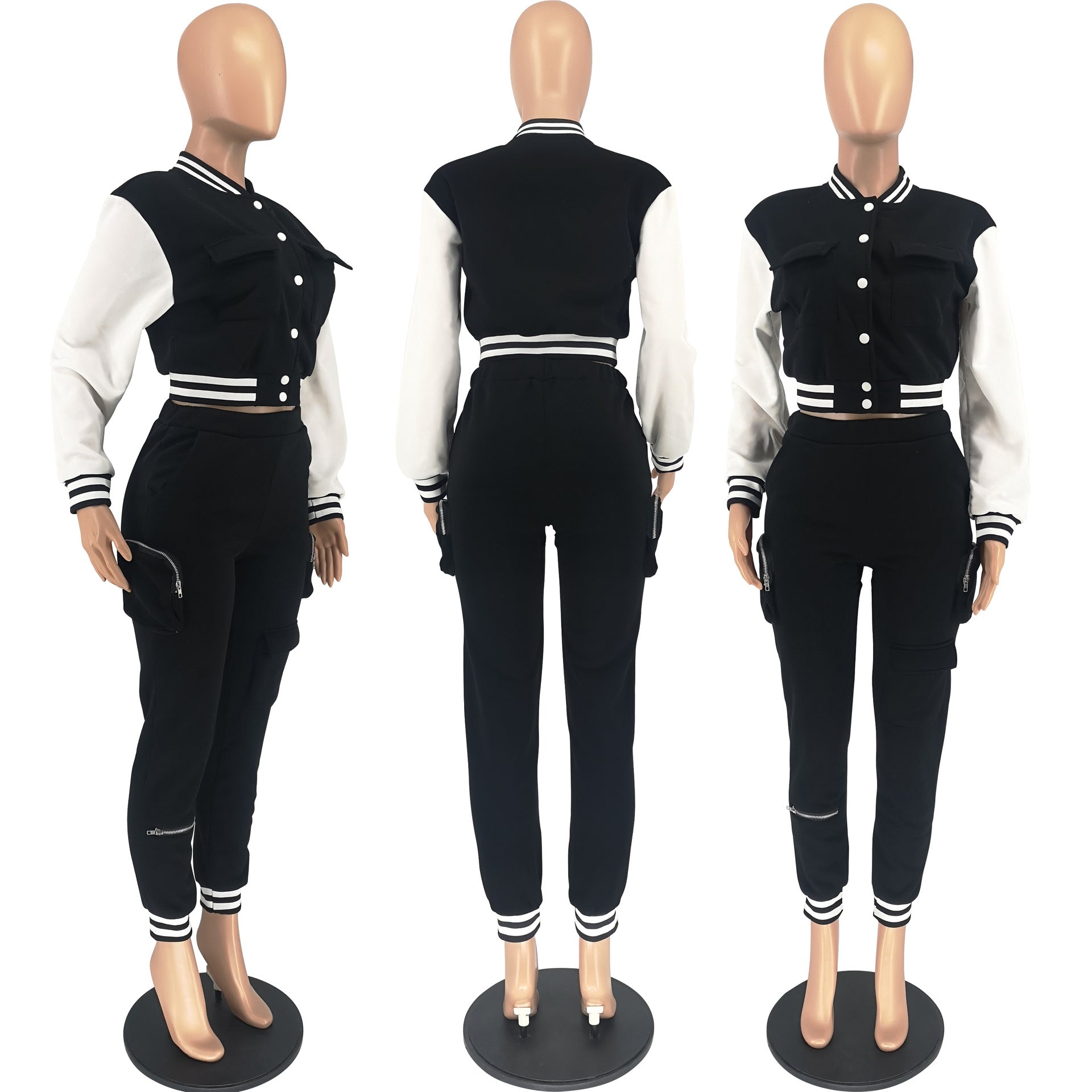 Women's Fall/Winter Casual Cargo Style Color Block Baseball Jacket Sweatpants Sports Two Piece Set 16