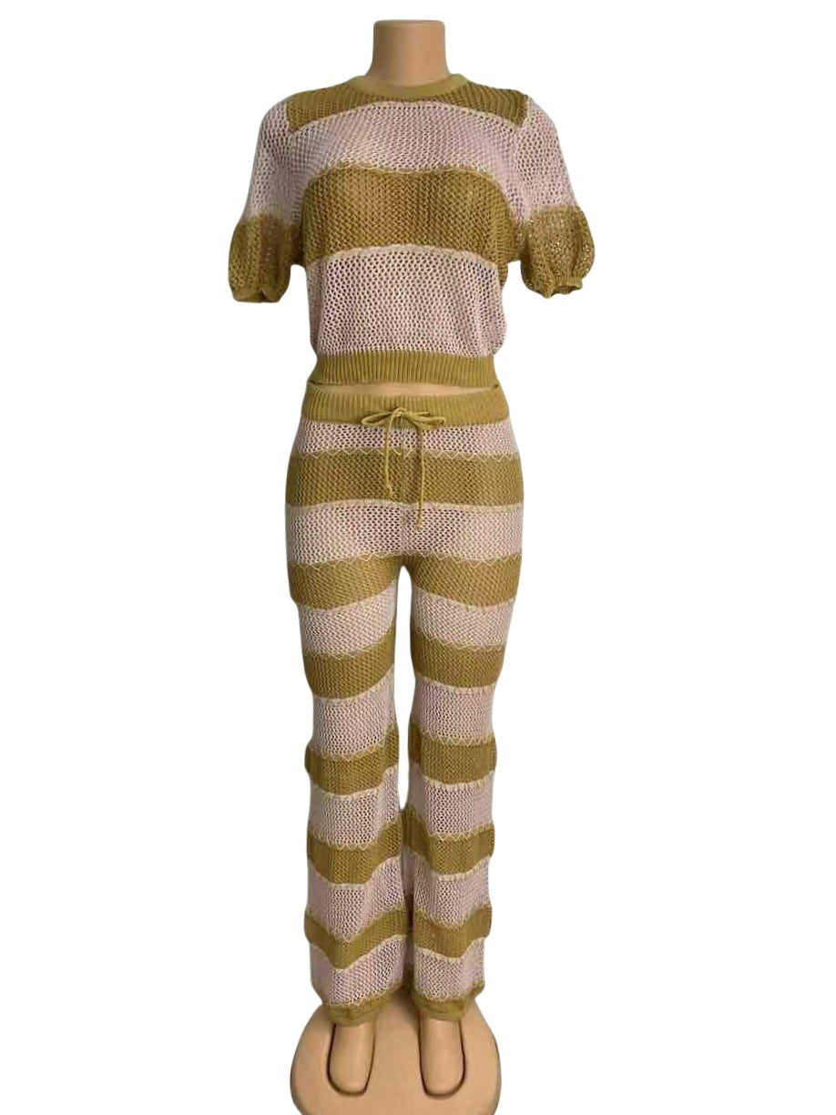 Women's Fashion Knit Cut-Out Short-Sleeve Pants Set Beach Outfit 13