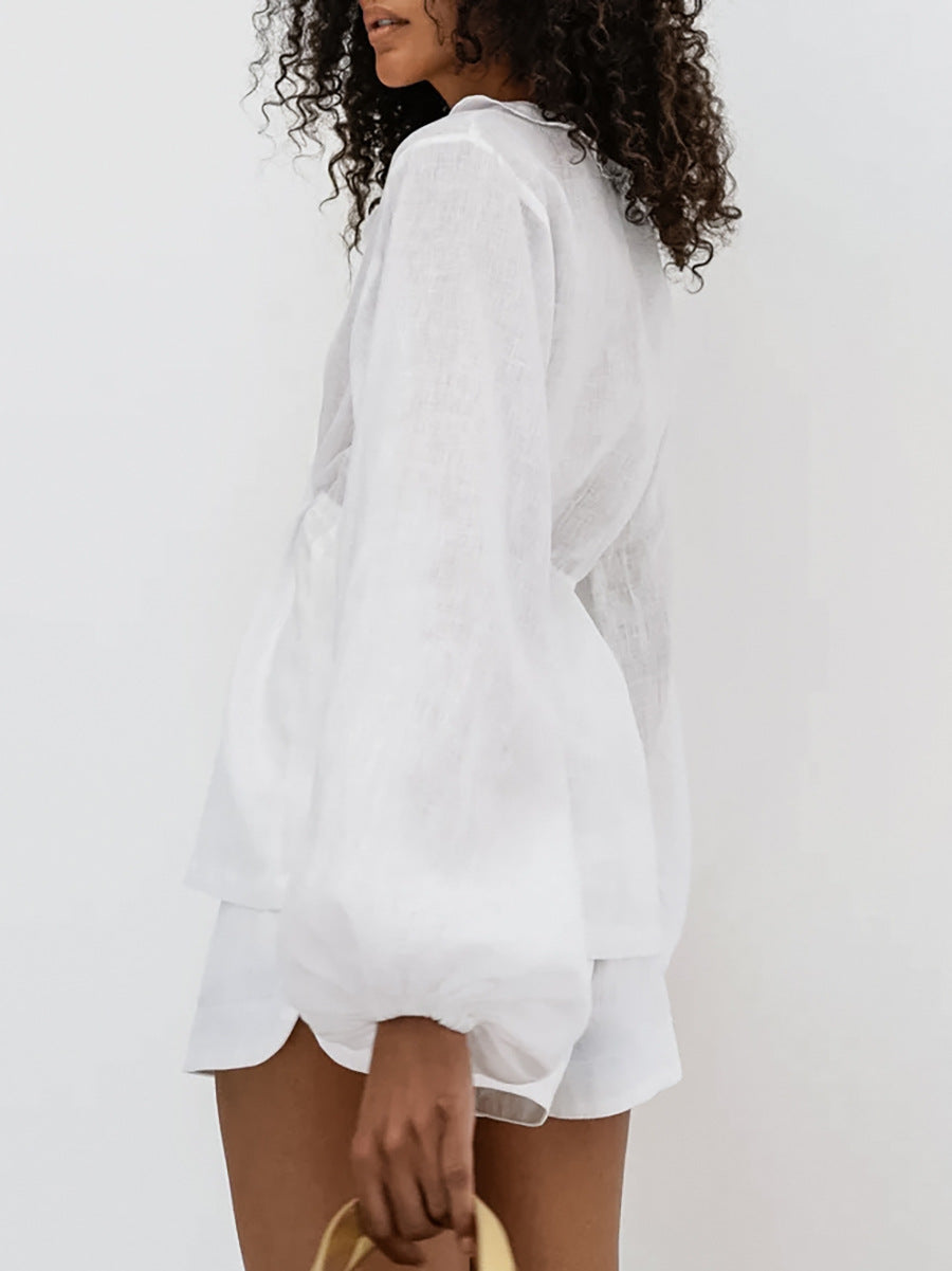 Summer Comfortable Style Sexy White V-Neck Slim Waist Lace-Up Long-Sleeved Top Shorts Linen Ruffle Two Piece Set 6