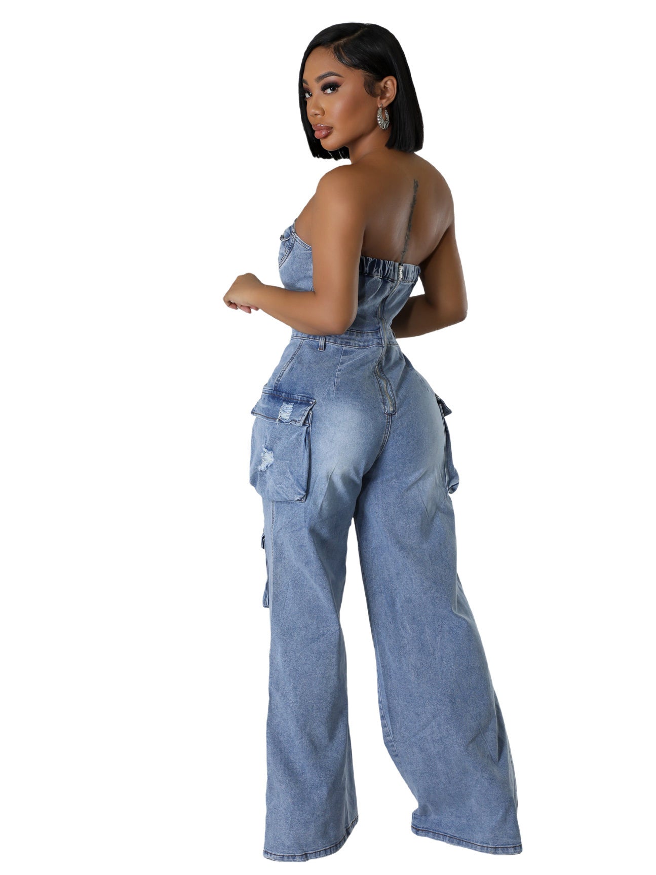 Women Casual Strapless Cargo Denim Jumpsuit 4