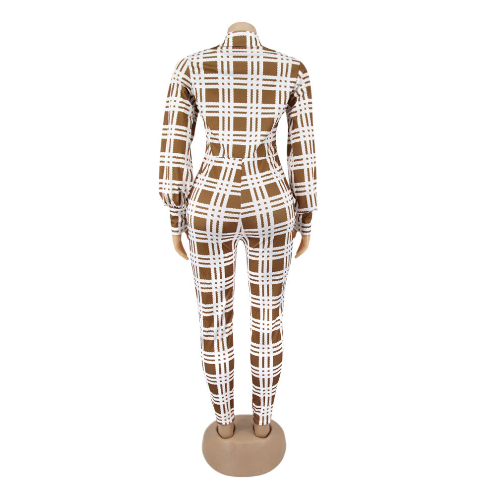 Fashionable Spring Turndown Collar Slim Puff Sleeve Women's Plaid Print Jumpsuit 15