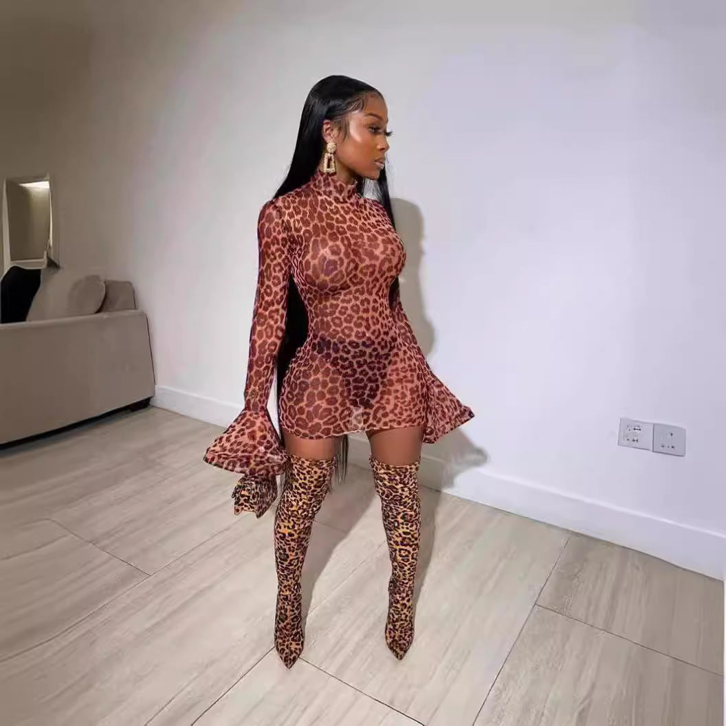 Women Sexy See-Through Leopard Print Mesh Bodycon Dress