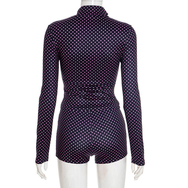 Women polka dot print long-sleeved zippered top and shorts two-piece set 7