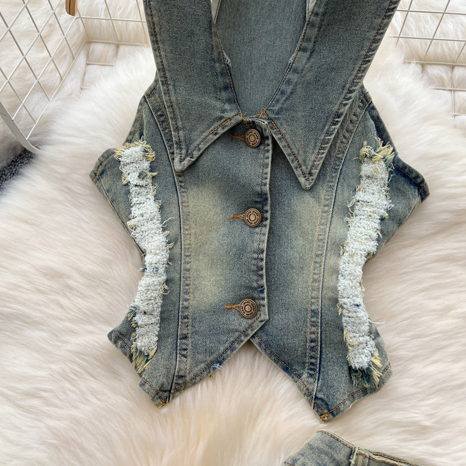 Turn Down Collar Distressed Denim Halter Top Slit Skirt Set 11