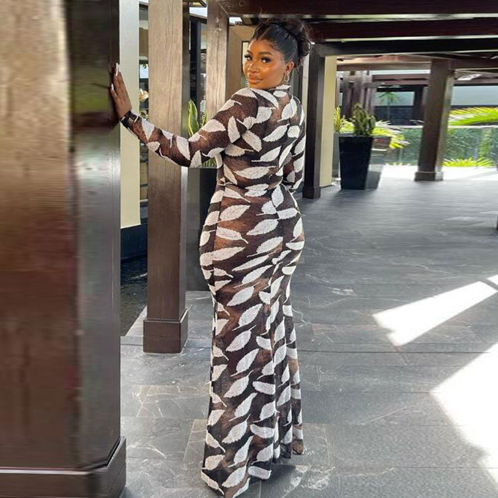 Sexy Printed Stretch Round Neck Long Sleeve Bodycon Tight Fitting Mermaid Long Dress 7