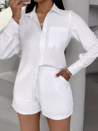 Women's Chic Elegant Solid Color Pocket Long Sleeve Shirt Shorts Set Two Piece Set 4
