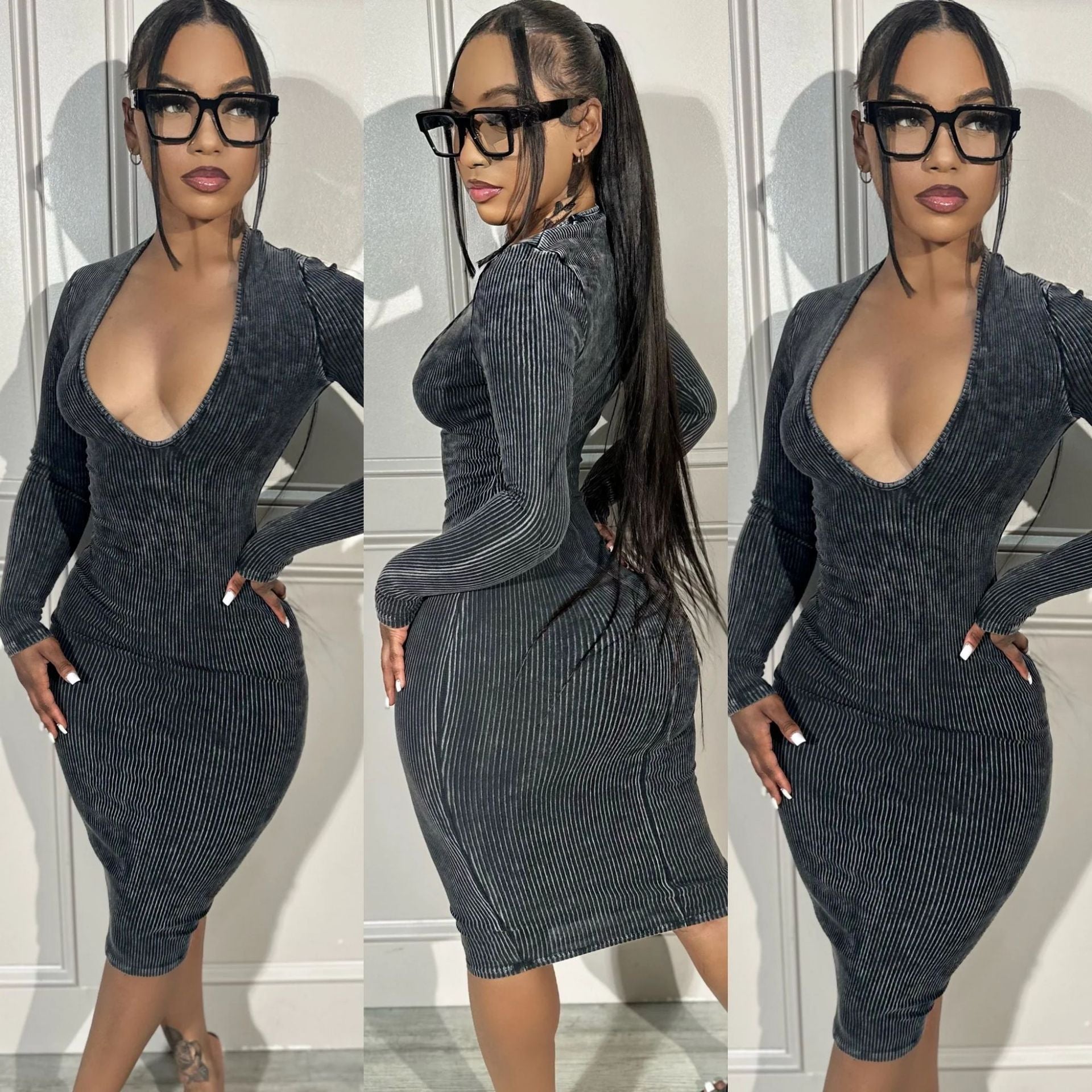 Women Ribbed Ribbed Long Sleeve V-Neck Sexy Bodycon Dress