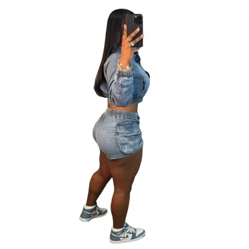 Summer elastic Denim slim fashion long sleeve two piece shorts set 4