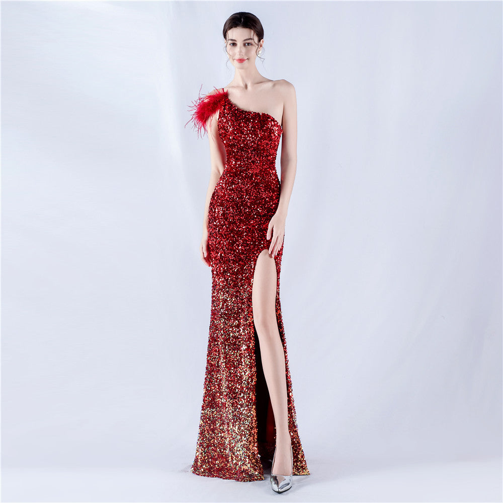 Women Gradient Velvet Bottom Beaded Ostrich Feather One Shoulder Slash Shoulder Slit Evening Dress 10