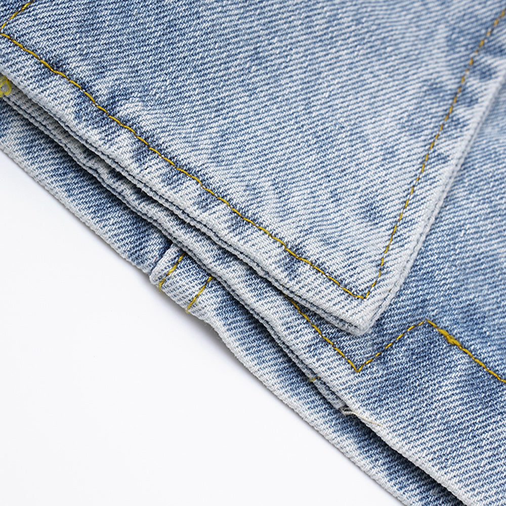 Women's Autumn Ruffle Contrast Color Patchwork Belt Turndown Collar Denim Jacket 17