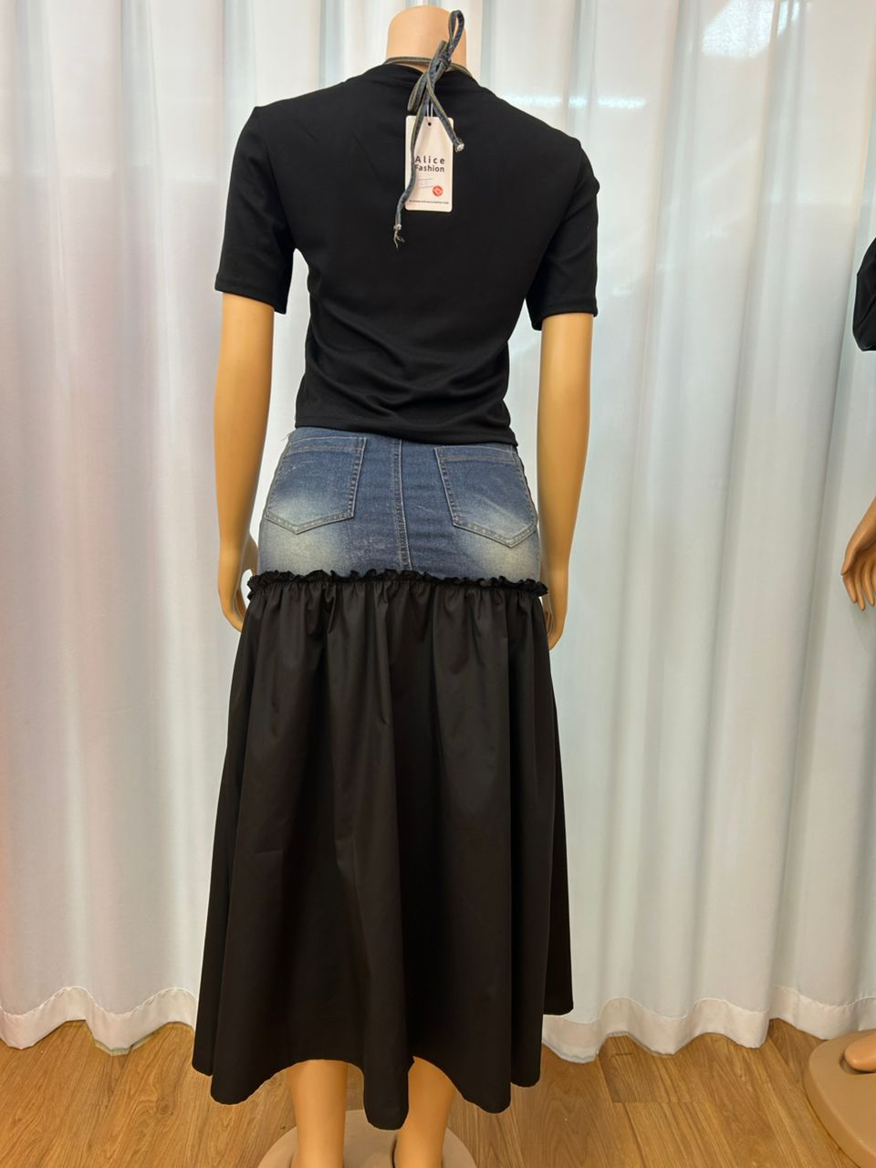 Fashion Denim Patchwork Contrast Color T-Shirt Skirt Two-Piece Set 7