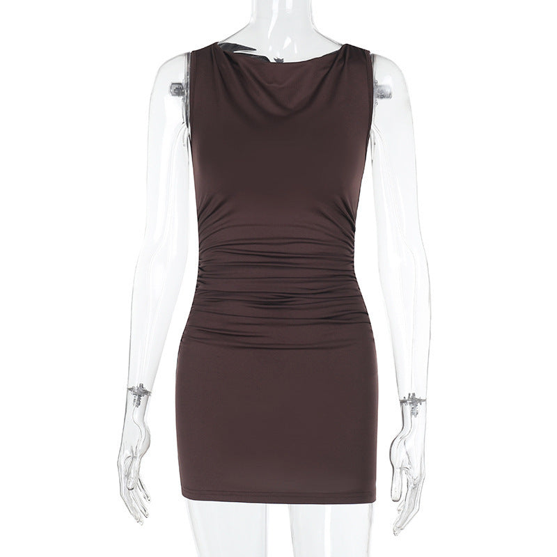 Women Round Neck Gathered Sexy Backless Bodycon Dress 6