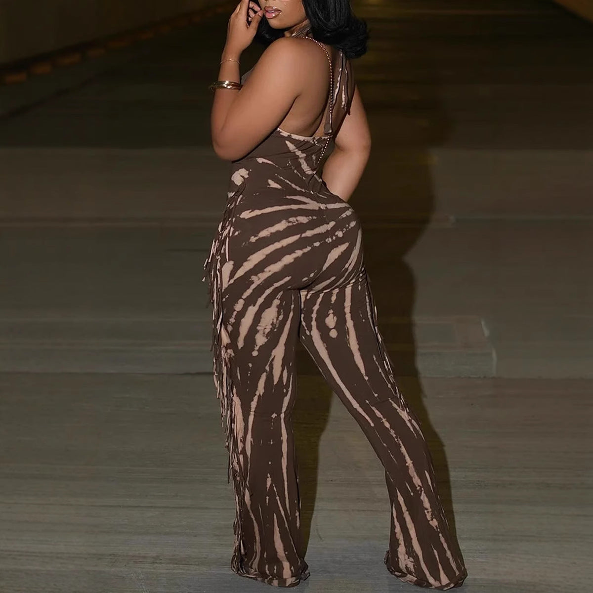 Women Elegant Sexy Tassel Print Halter Neck Lace-Up Jumpsuit 5