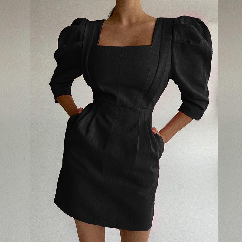 Women Long Sleeve Square Neck Solid Dress 3