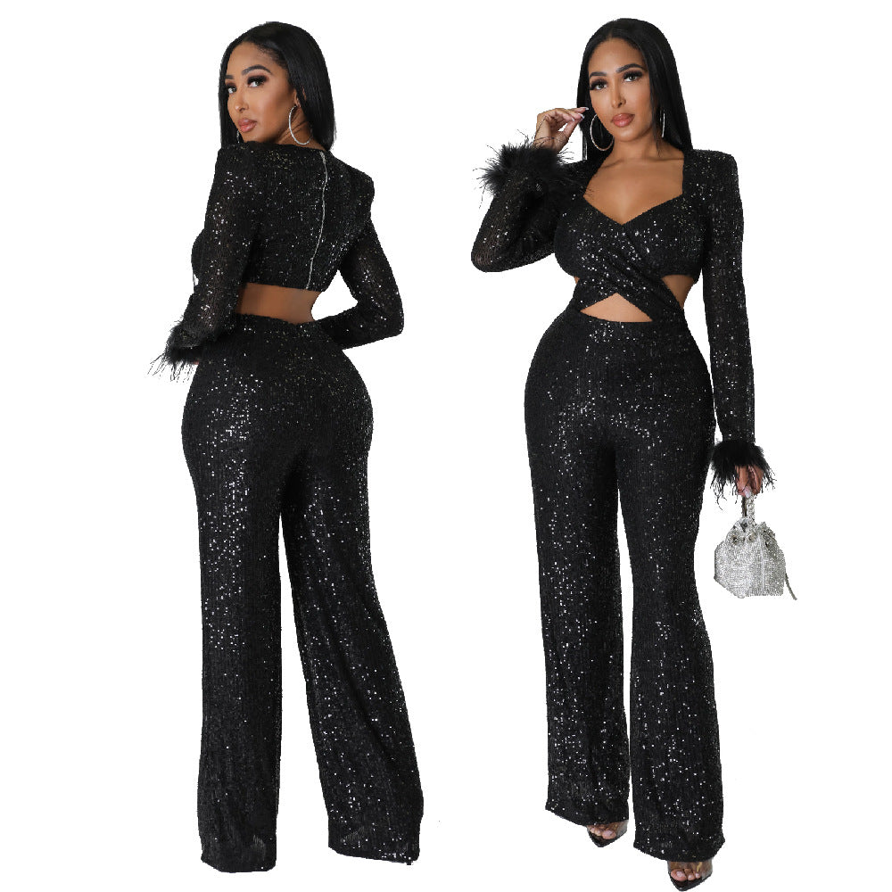 Autumn and winter long sequined feather hollow-out slim long-sleeved party Jumpsuit 5