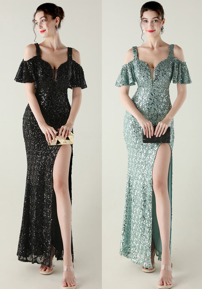 Beaded Sequin Formal Party Dress Off-Shoulder Deep V High-Slit Mermaid Gown