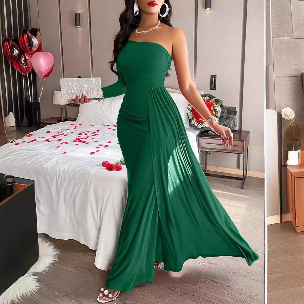Summer Casual Sexy Women's Solid Color Slash Shoulder Slim Waist Long Dress 12