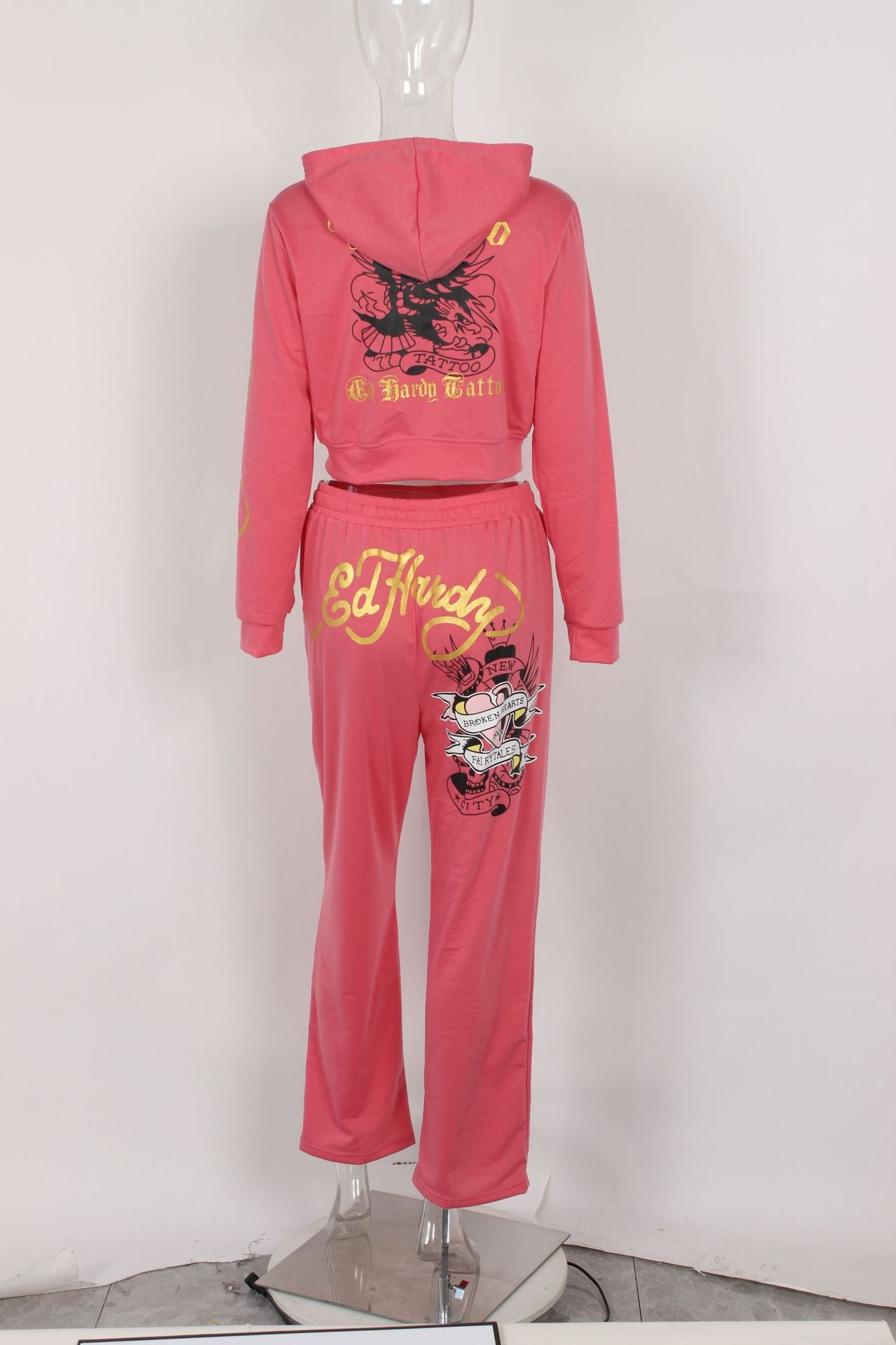 Fashionable street printed zipper short hoodies high waist straight trousers two piece set 17