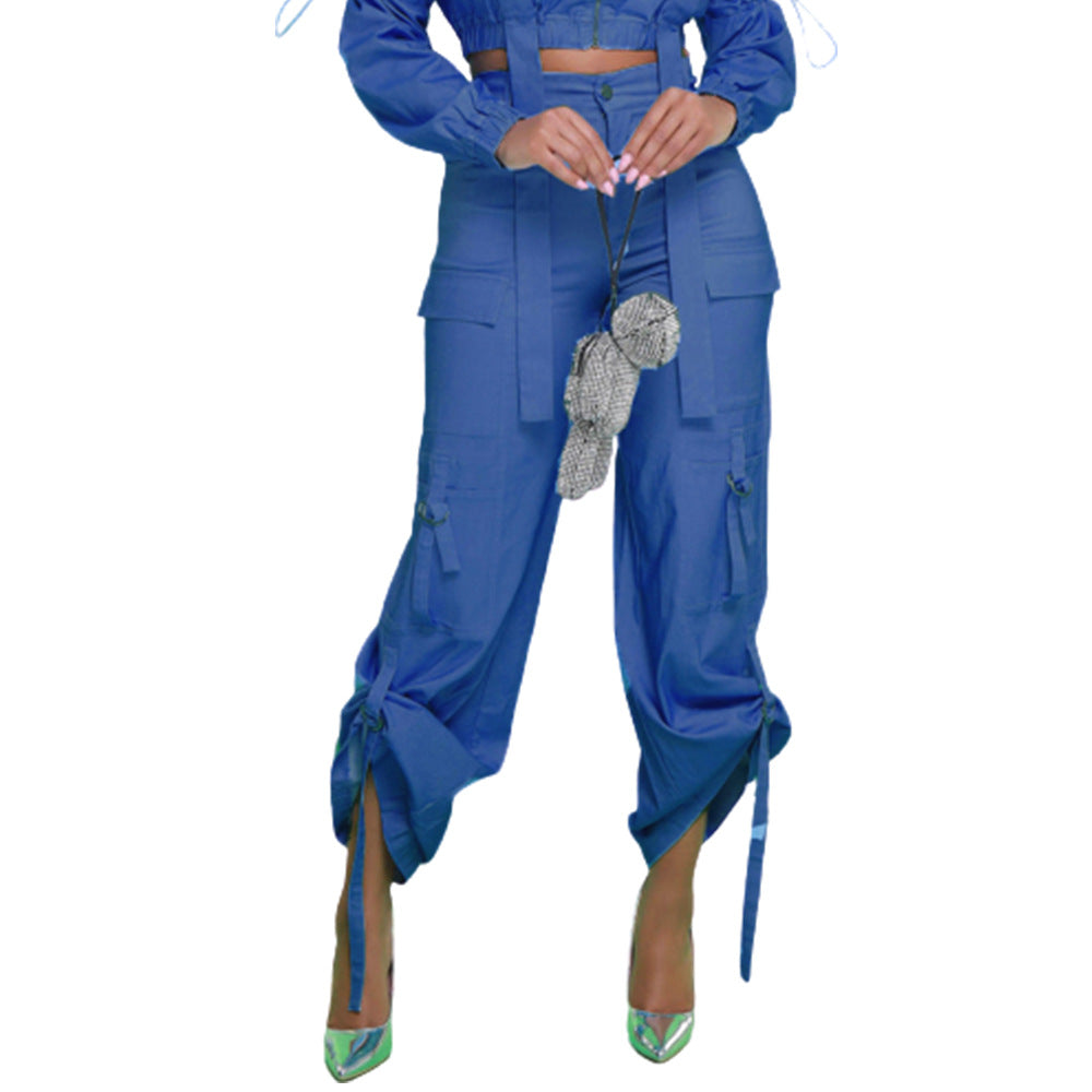 Women Summer Pockets Drawstring Loose Zipper Casual Pants 6