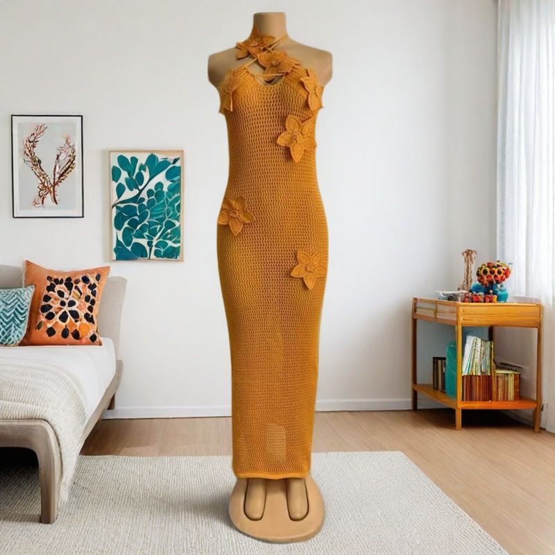 Women autumn Soid flower strap off-shoulder see-through dress 4