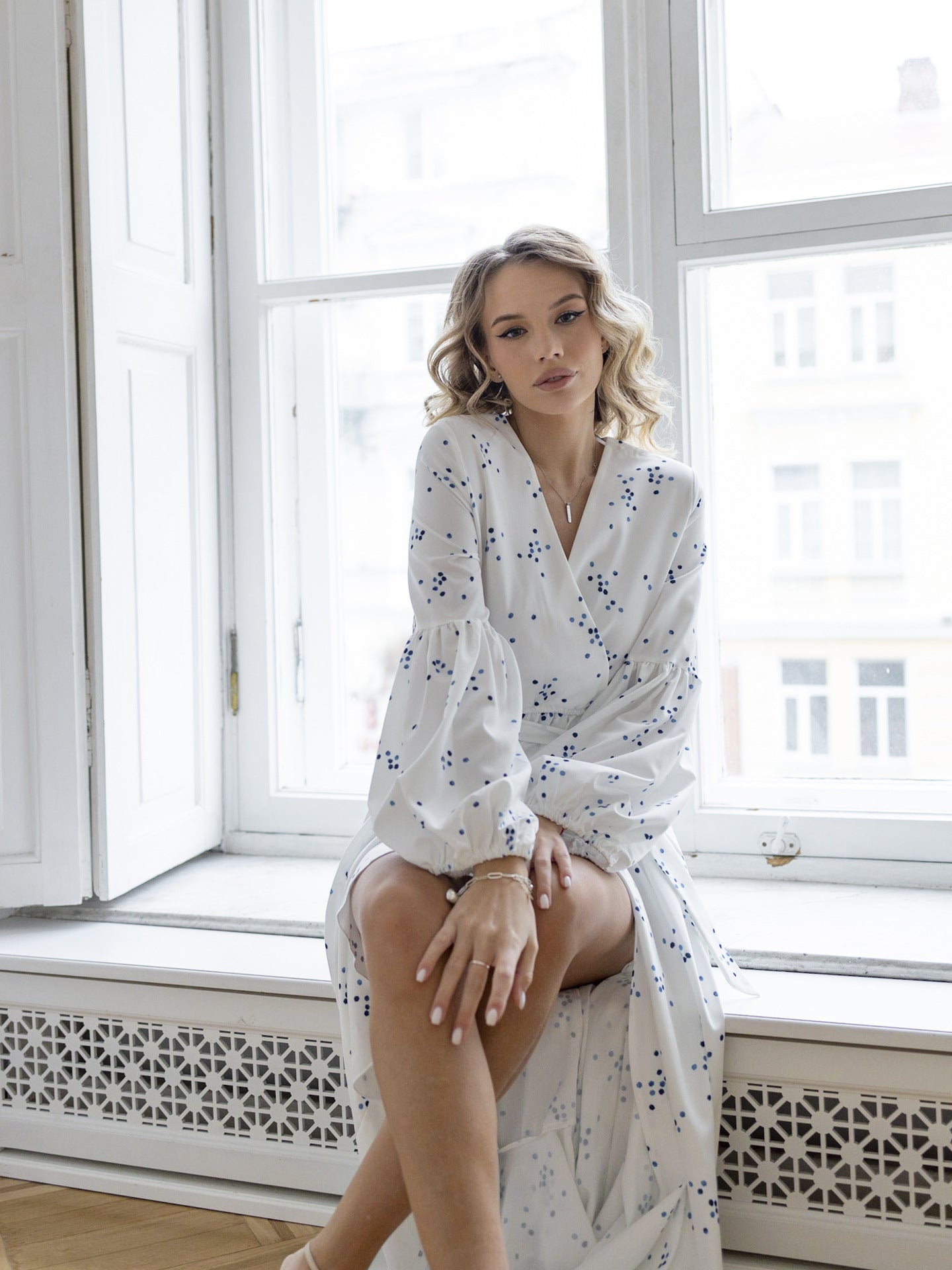 Lantern Sleeve Polka Dot Slim Waist Ruffled Long Dress 4