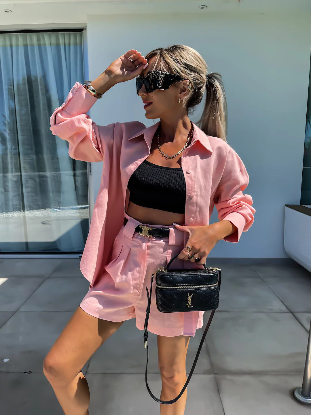 Fashion Casual Summer Suit Women's Long Sleeve Shirt Shorts Two-Piece Set 4