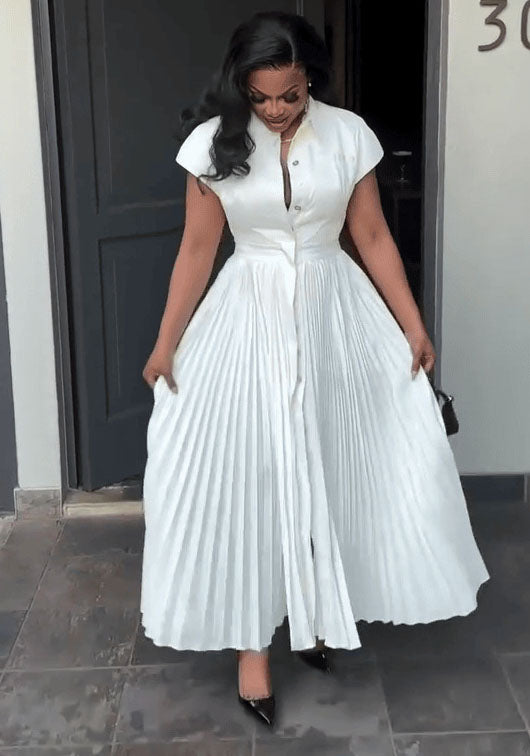 Women Short Sleeve Pleated Shirt Dress 3