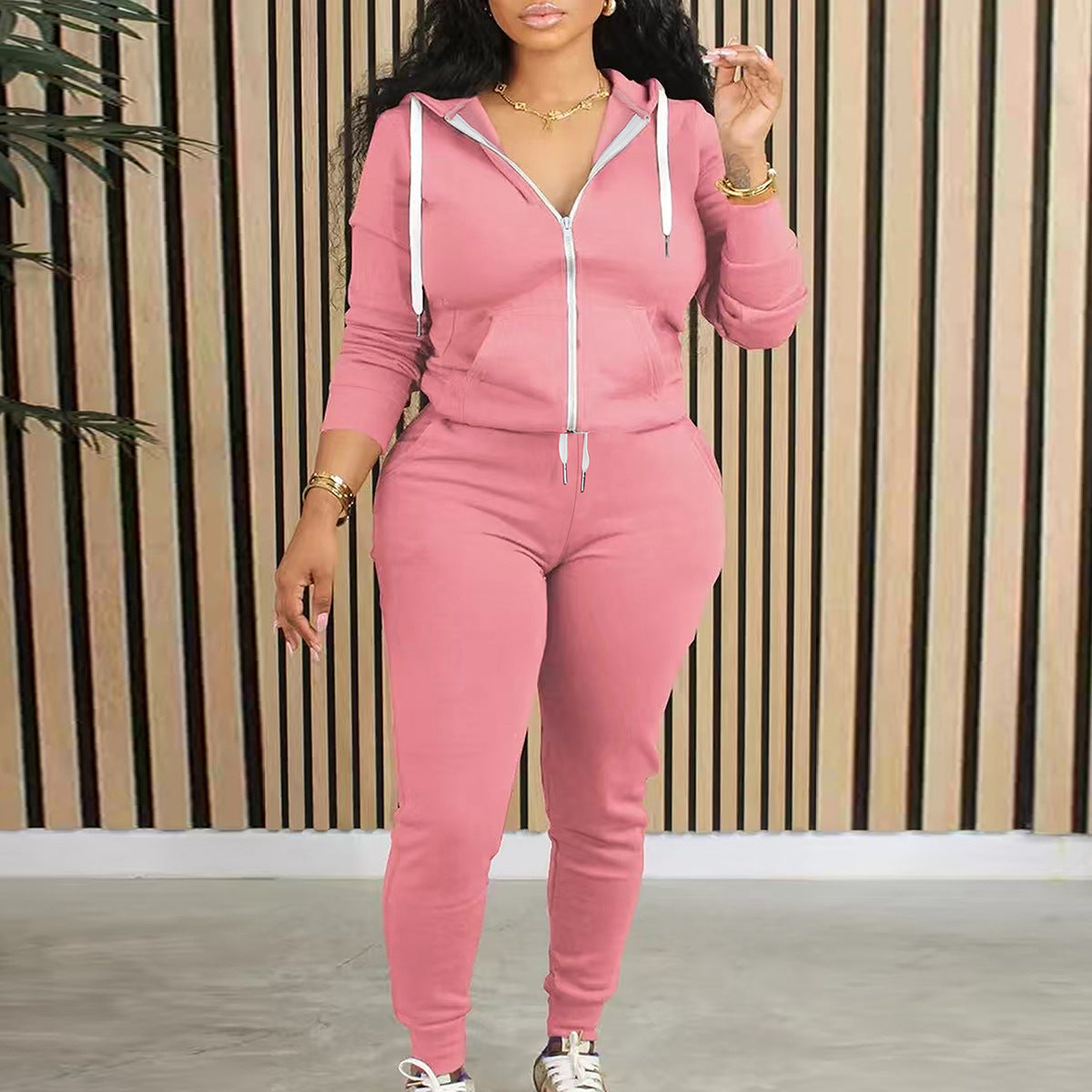 Spring, Autumn And Winter Women's Fashion Solid Color Hooded Top Pants Casual Set 3