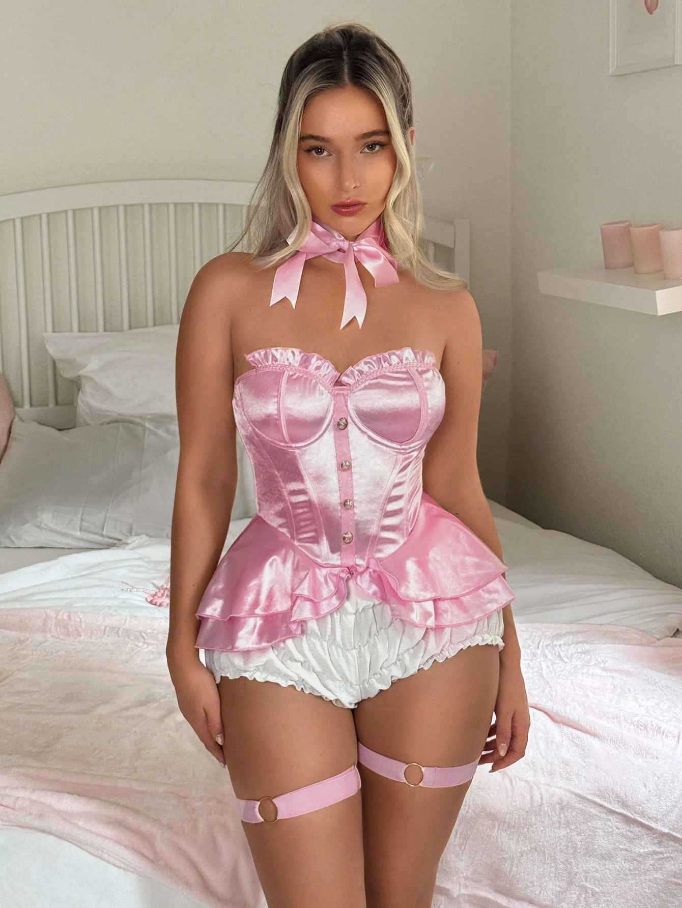 Women's Sexy Pink Lace Bow Bodysuit 3