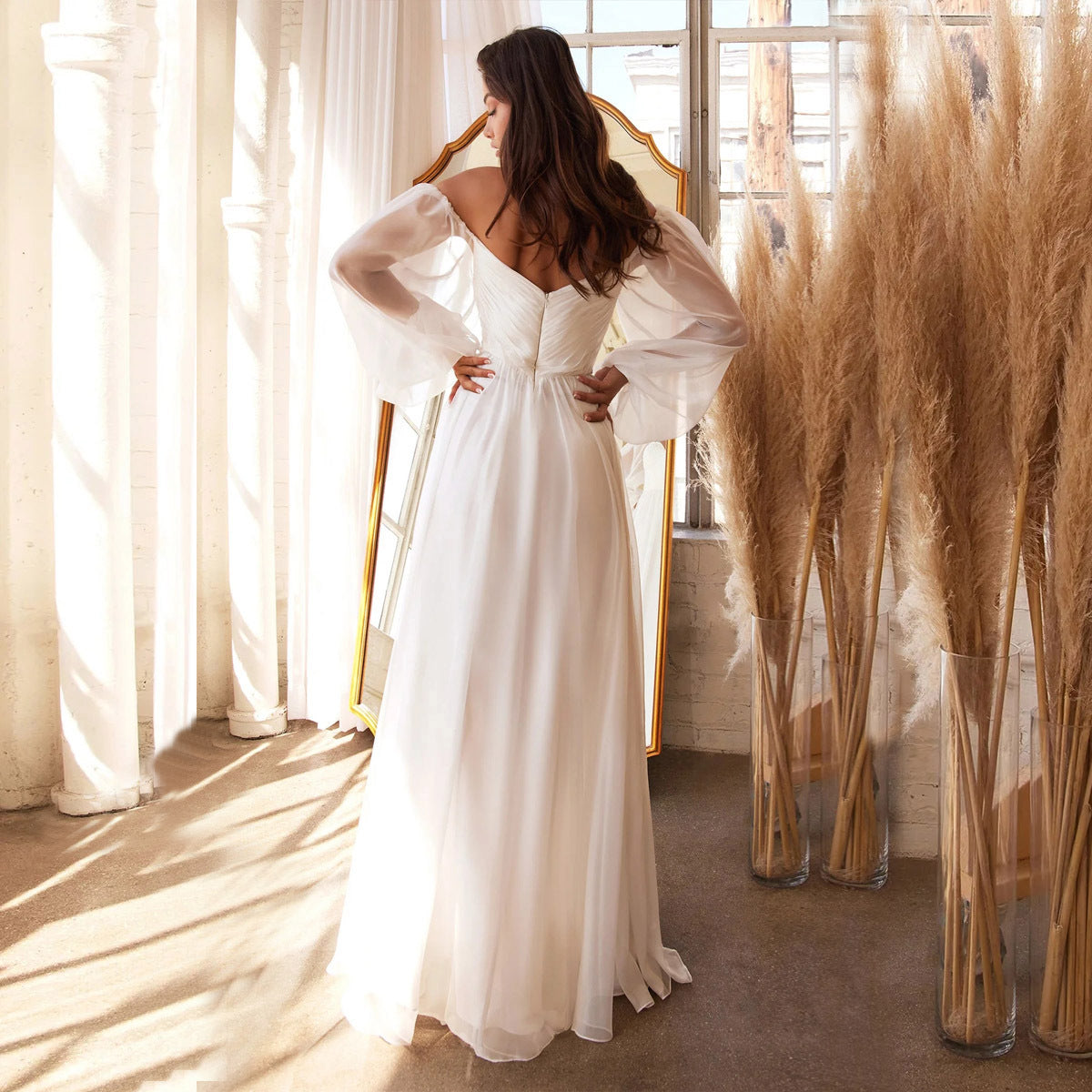 Women's Chiffon Long Sleeve Swing Dress Pressed Pleated Slim Fit Off Shoulder Formal Party Dress