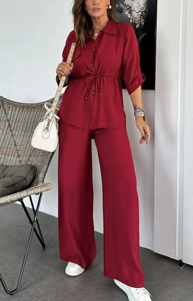 Women Autumn Casual Solid Drawstring Patch Pocket Button Top and Pant Two Piece Set