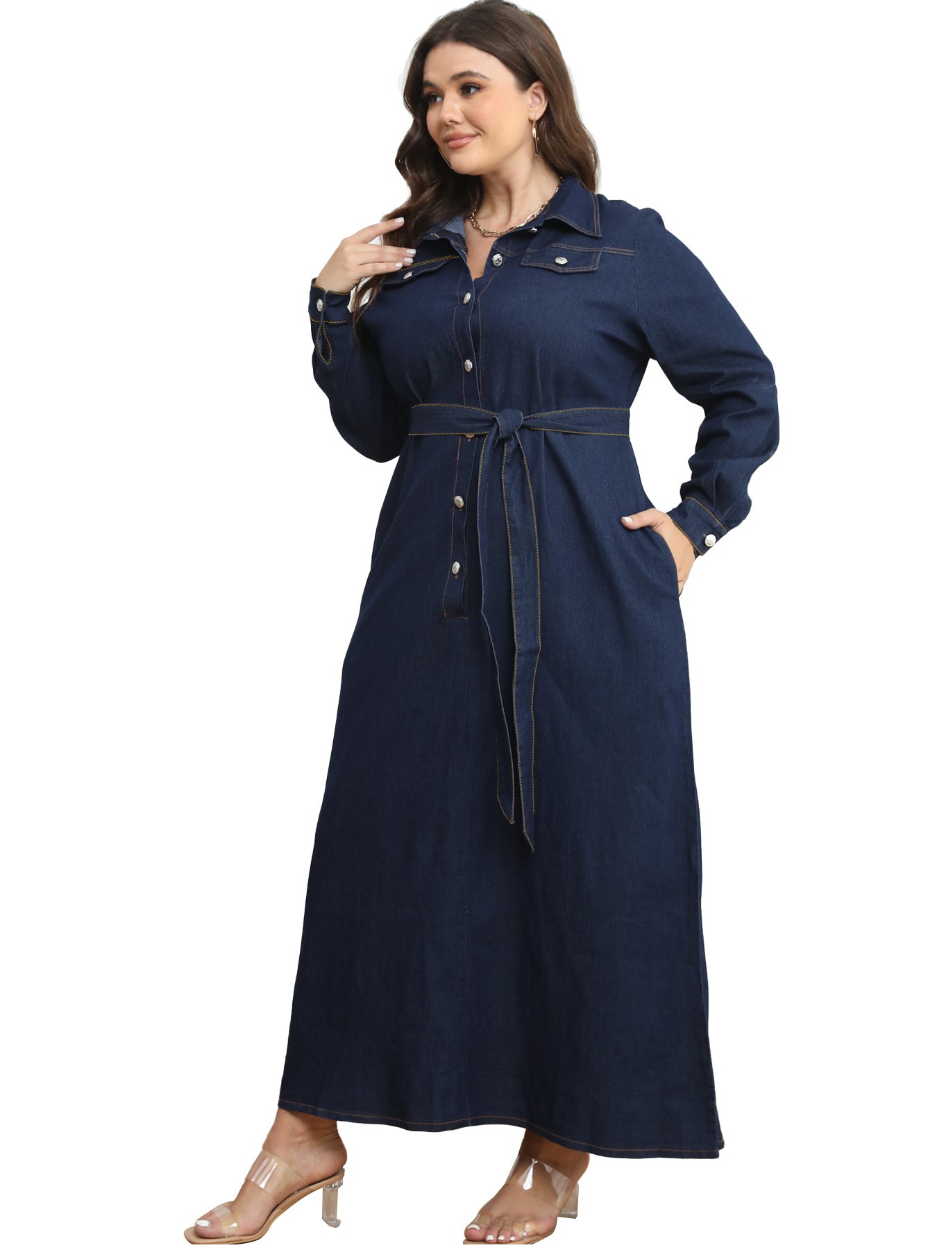 Plus Size Winter Women's Turndown Collar Washed Denim Casual Shirt Dress 5