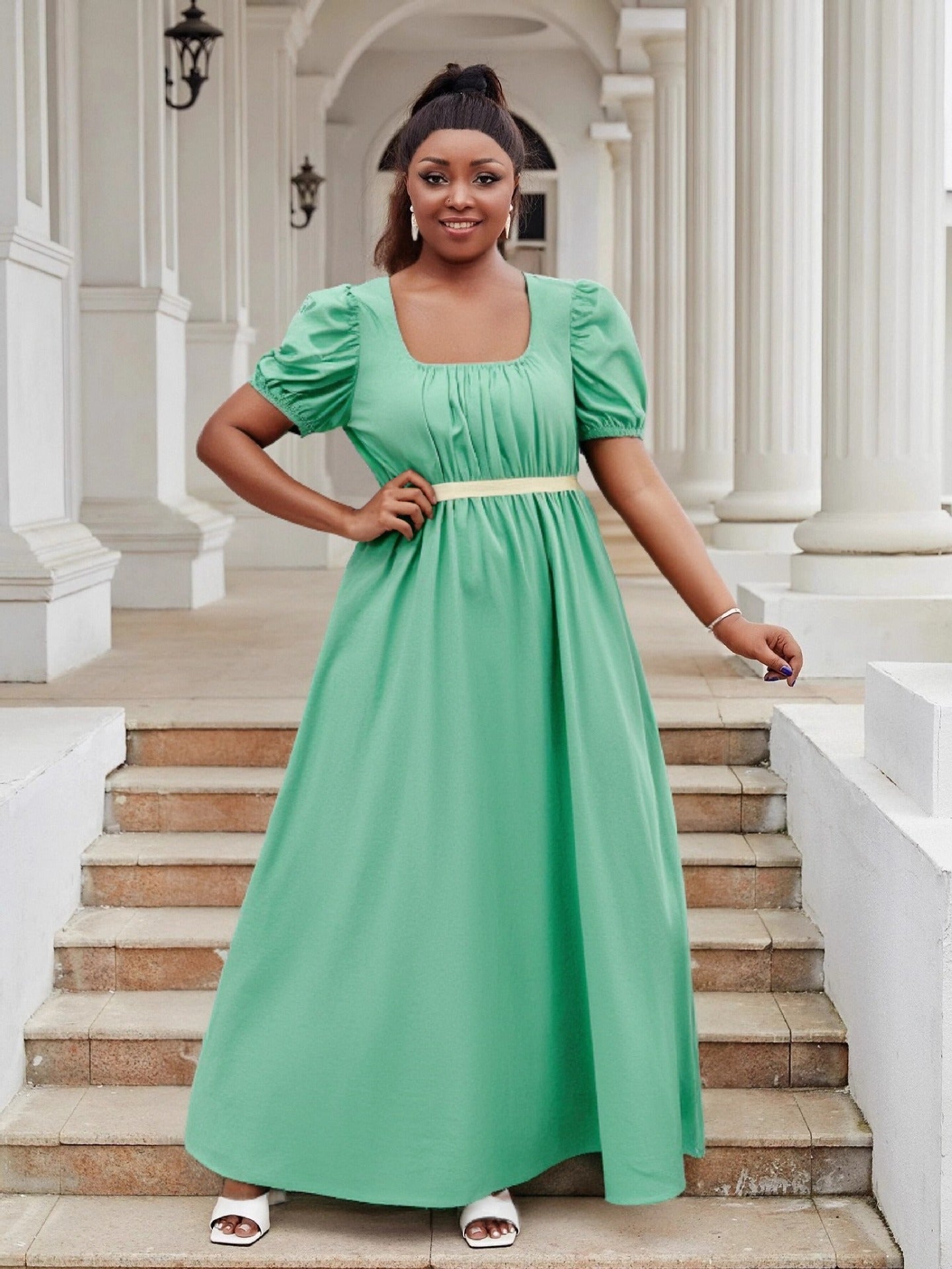 Puff Sleeve High Waist Ball Dress Elegant Plus Size Evening Gown 4