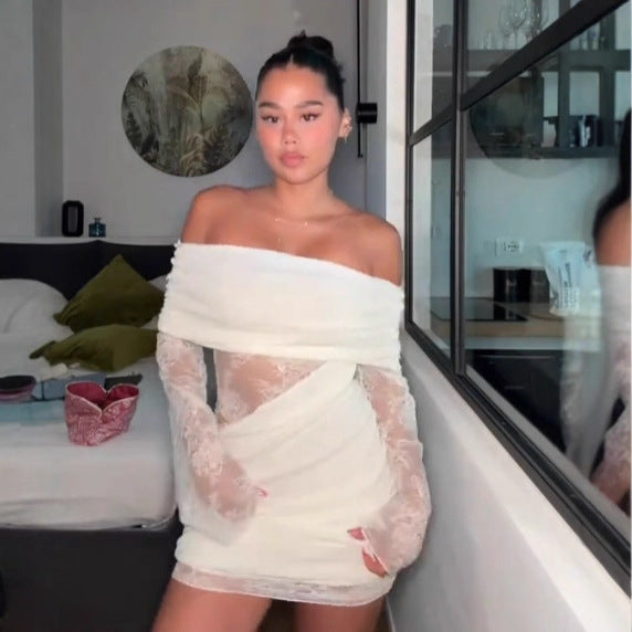 Women's Chic Lace Patchwork Off-Shoulder Knit Short Dress 8