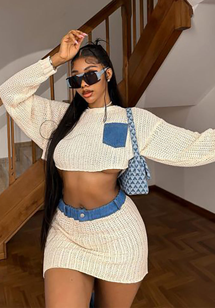 Women’s Fashion Sexy Patchwork Knitted Two-Piece Skirt Set