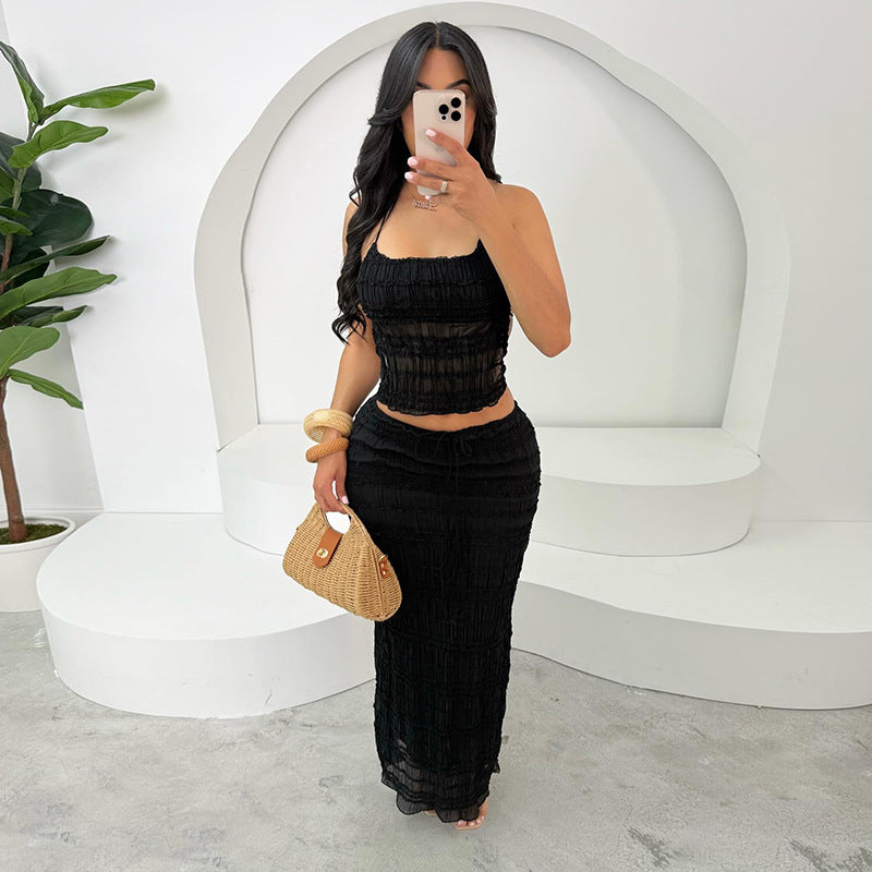 Spring Halter Neck Low Back Vest Pleated Chiffon Sexy Long Skirt Two Piece Set 3